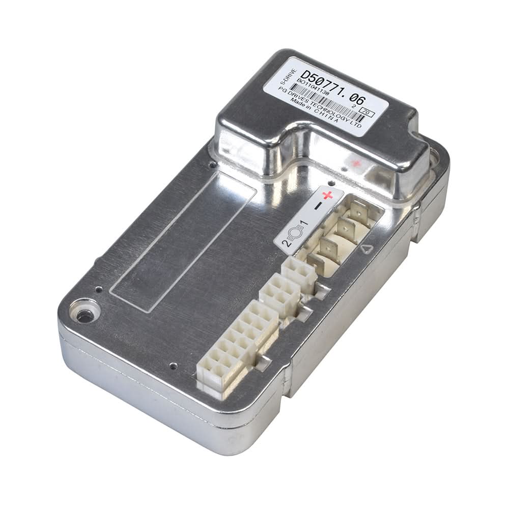 70 Amp S-Drive Controller D50771.06, a silver electronic device with white buttons, essential for mobility scooters, requiring programming by a service center for proper installation and functionality.