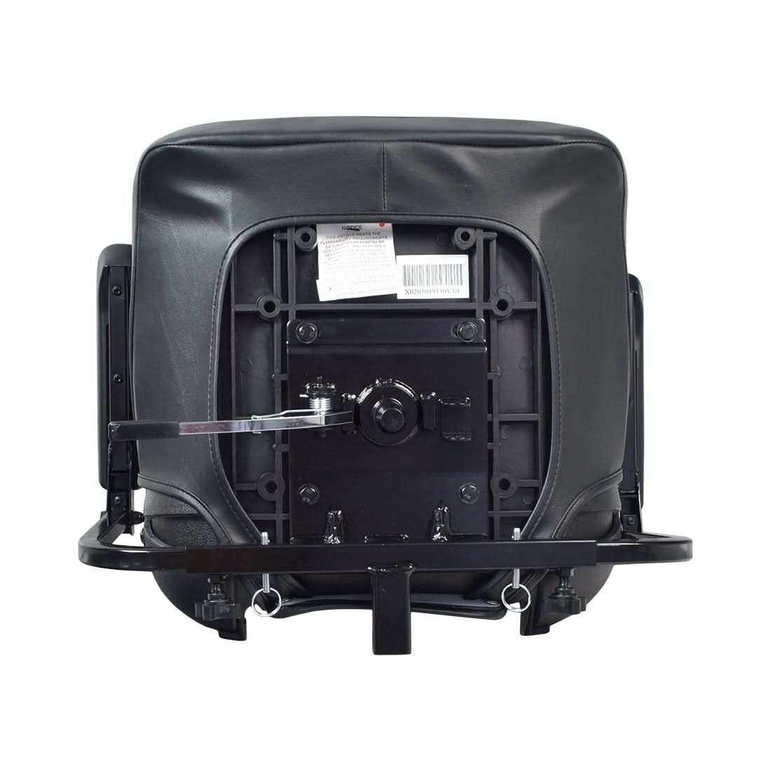 17 Wide Molded Seat Assembly for Go-Go and Pride Mobility Scooters (Blemished) showing black vinyl seat back, base, foam inserts, and attached armrests with a minor tear on the front seat base upholstery.