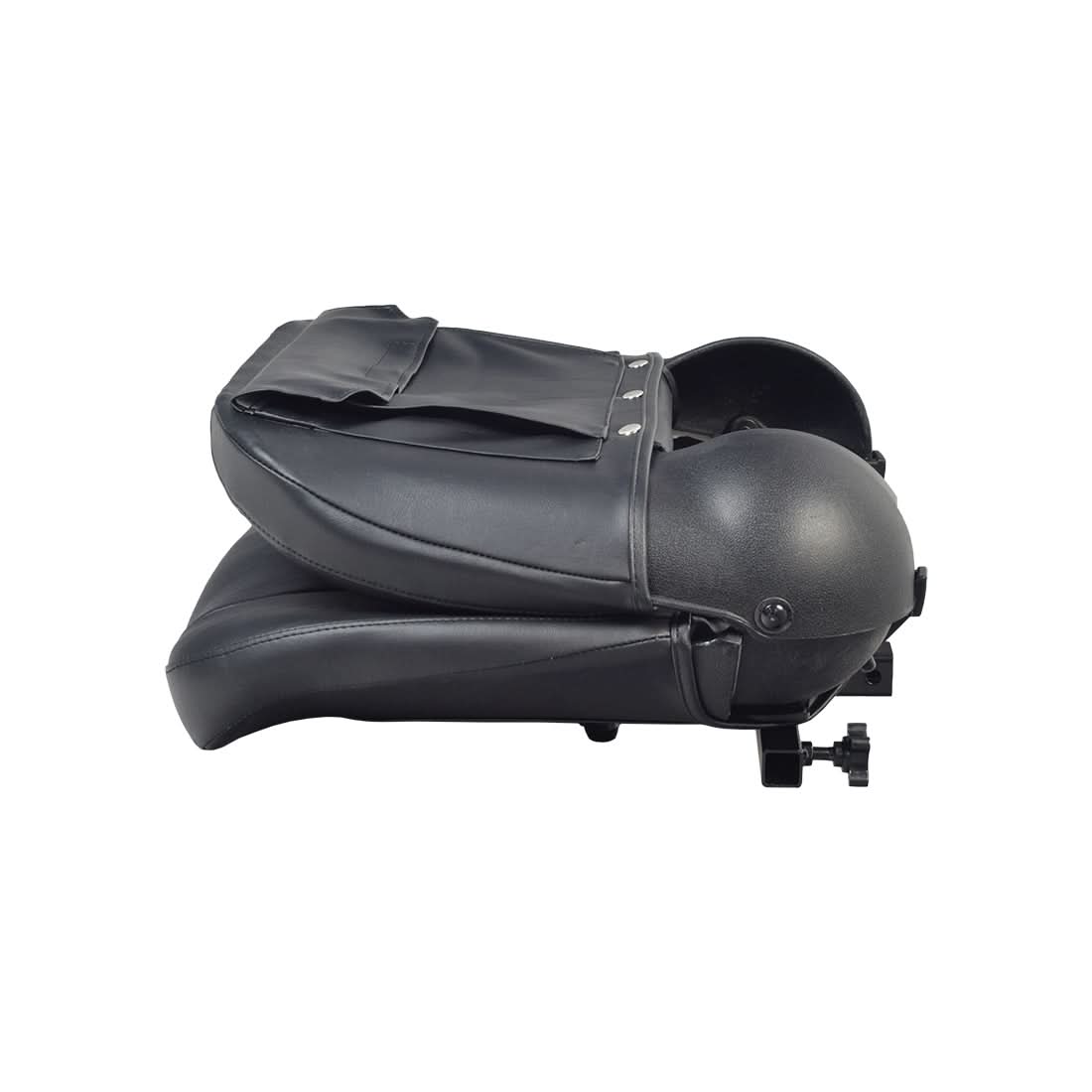 17 Wide Molded Seat Assembly for Go-Go and Pride Mobility Scooters (Blemished) featuring black vinyl covers, minor scratches on plastic hinges, and tiny tears on the seat base upholstery.