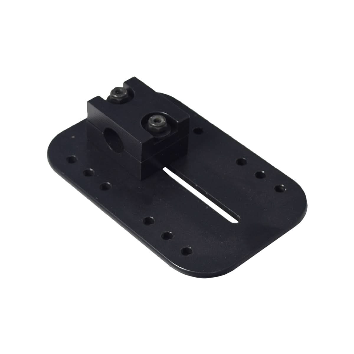 4x6 Footplate With Mat and Block for Jazzy 600 ES, featuring a black metal piece with holes and screws, including a close-up of a black nut and a white line.