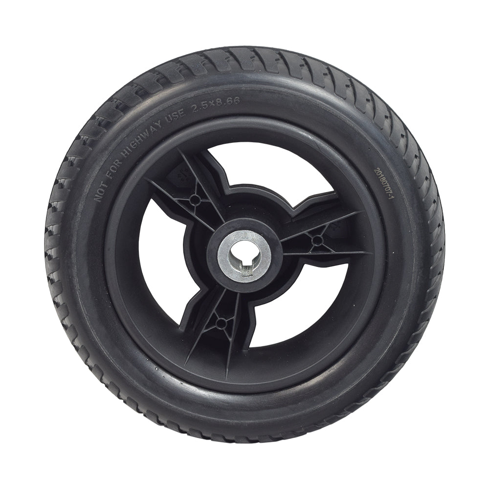 8 Rear Wheel Assembly for the Jazzy Zero Turn, featuring a black tire with a metal center, complete with rim and pre-installed bearings, ideal for mobility scooter replacement.
