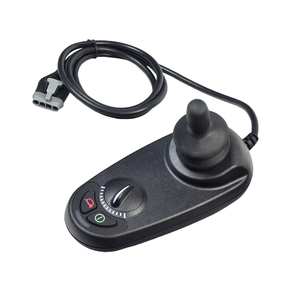 GC2/GC3 Joystick Remote for Jazzy Select 6 models, featuring a black device with a wire, a close-up button, and a black cord. Ideal for maintaining your scooter or power chair functionality.