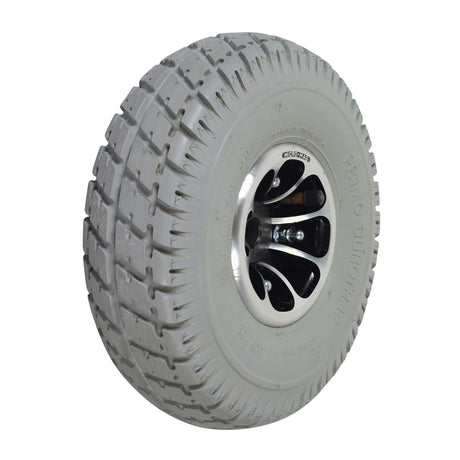 Close-up of the 3.00-4 (10x3, 260x85) Pneumatic Drive Wheel Assembly for Jazzy and Jet Power Chairs, featuring a black tire with a split silver rim design.