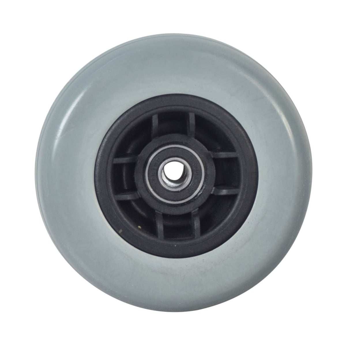 5x1.75 Flat-Free Caster Wheel Assembly for Jazzy Select Traveller, Z-Chair, and Go-Go Go-Chair Power Chairs, featuring a central hole, black rim, gray tire, offset design, with bearings and spacer.