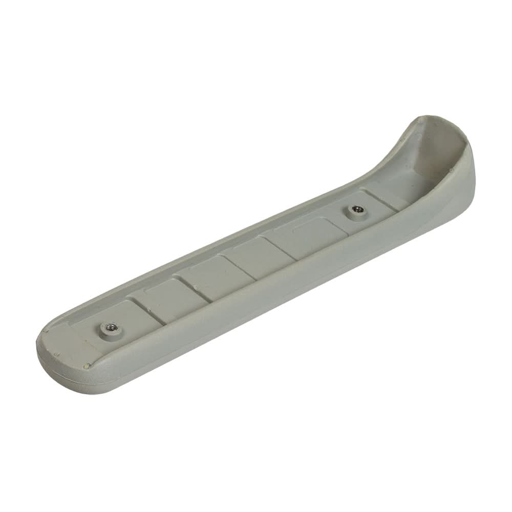 Gray Solid Rubber Armrest Pad for Pride Rally, Rally Shopper, Shuttle, Victory 3, & Victory 4 Mobility Scooters, featuring multiple holes and screws, designed for secure and comfortable support.