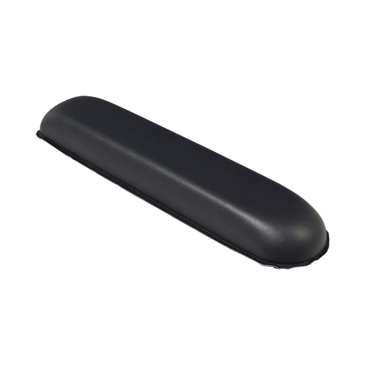 Black Vinyl Co-Molded Armrest Pad for Pride Scooters, featuring a rectangular shape with a square end and a rounded end, designed to fit inside a black plastic armrest cover.