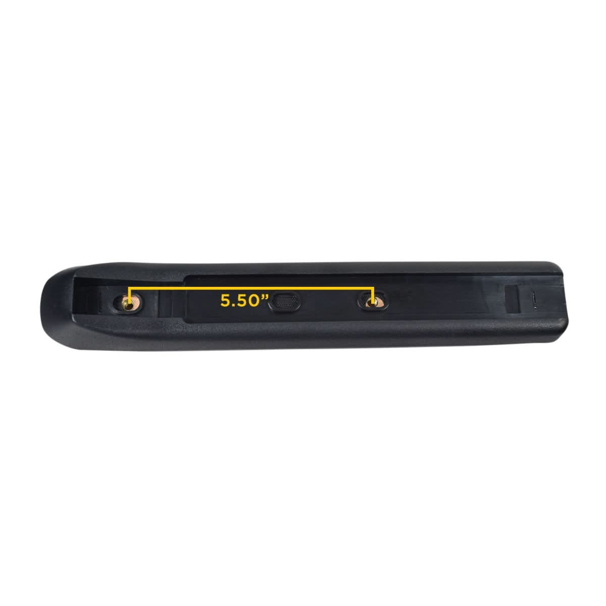 12 Black Vinyl Armrest Pad for the Pride Victory 9 and 10, shown as a black rectangular object with a yellow stripe and text, suitable for various scooters.