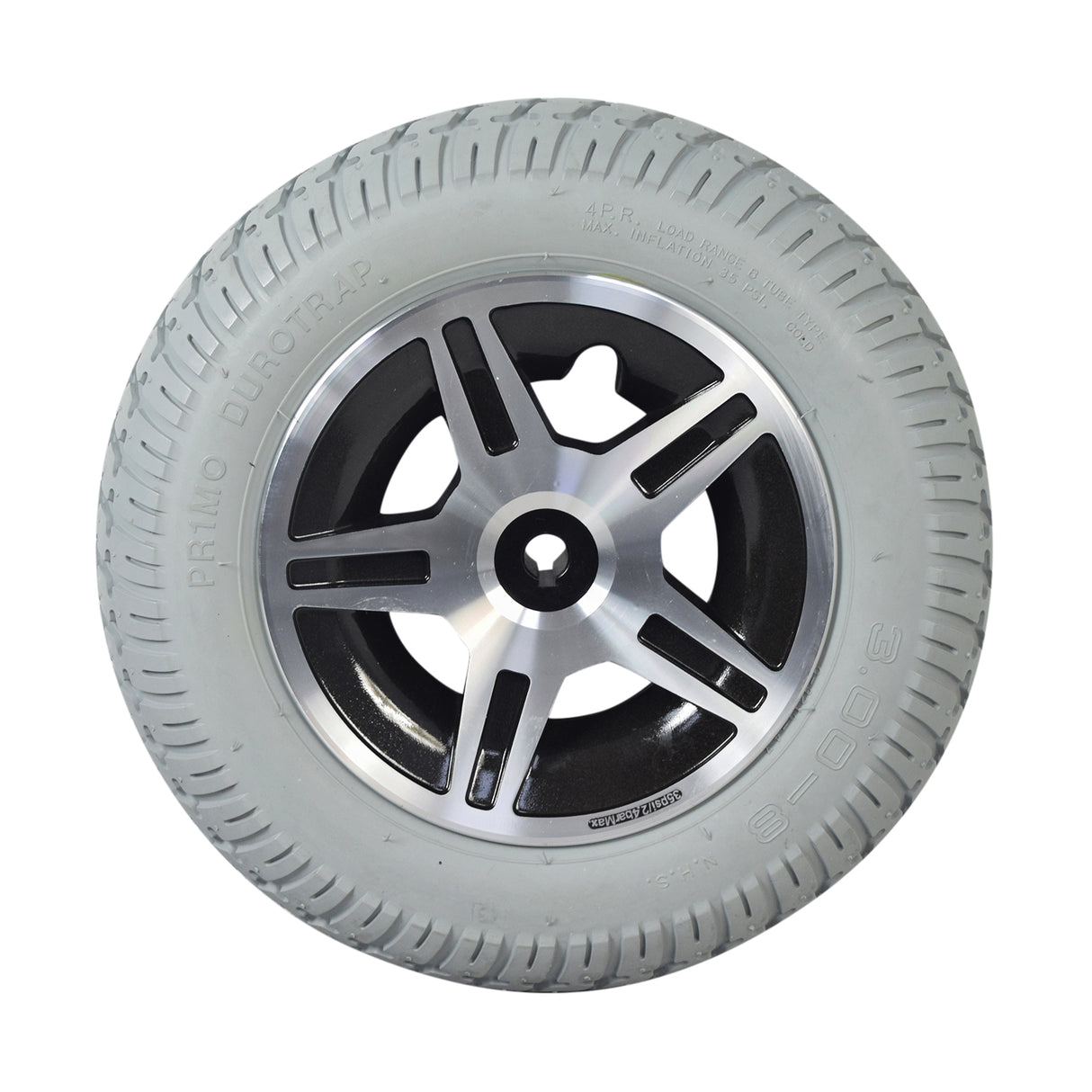 14x3 (3.00-8) Flat-Free Drive Wheel Assembly for the Jazzy Select 14 and Select 14 XL, featuring a silver rim and Durotrap tread, ready to mount with included hub and bolts.