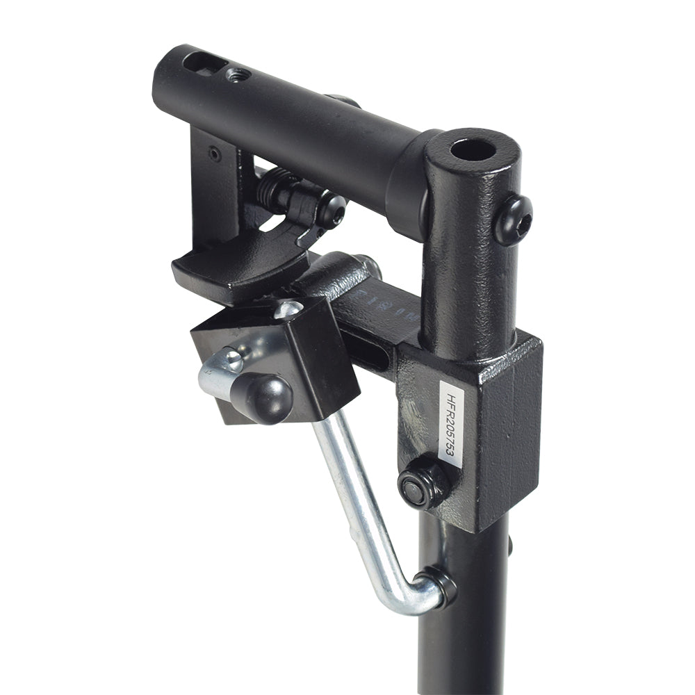 Elevating Leg Rest Style 12 with 8-1/2x6 Footplate for Jazzy and Jet Power Chairs, featuring a black metal frame with a bolt and a close-up of the metal handle and pipe.