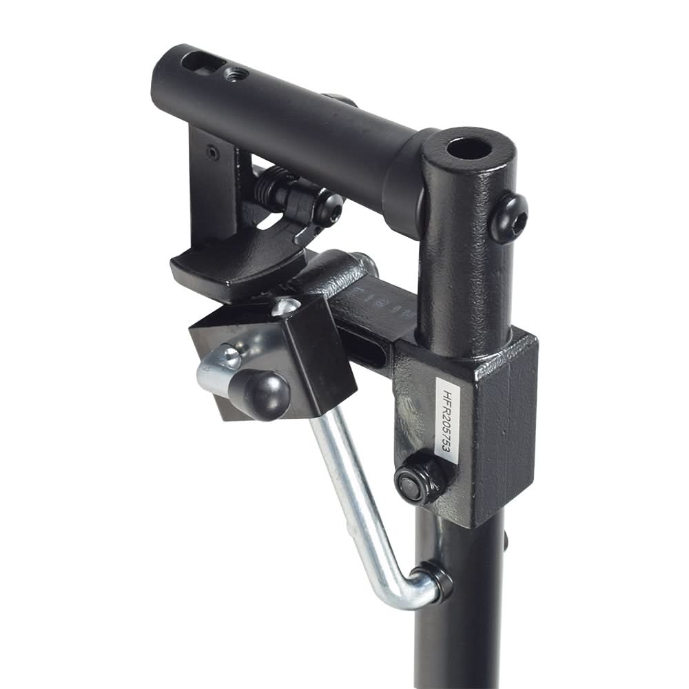 Elevating Leg Rest Style 12 with 8-1/2x6 Footplate for Jazzy and Jet Power Chairs, featuring a black metal frame with a bolt and a close-up of the metal handle and pipe.