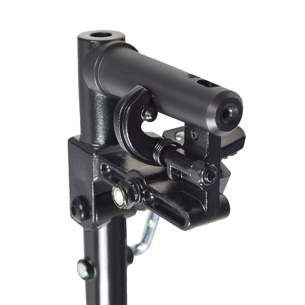Elevating Leg Rest Style 12 with 8-1/2x6 Footplate for Jazzy and Jet Power Chairs, featuring a black metal frame and a small attached camera, suitable for various power chair models.