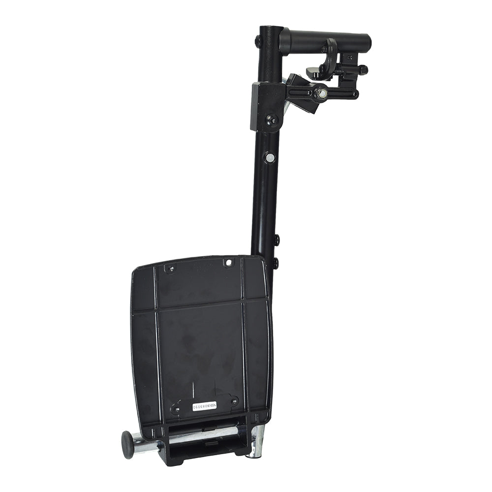 Elevating Leg Rest Style 12 with 8-1/2x6 Footplate for Jazzy and Jet Power Chairs, featuring a black metal frame and handle, compatible with various power chair models for enhanced comfort.