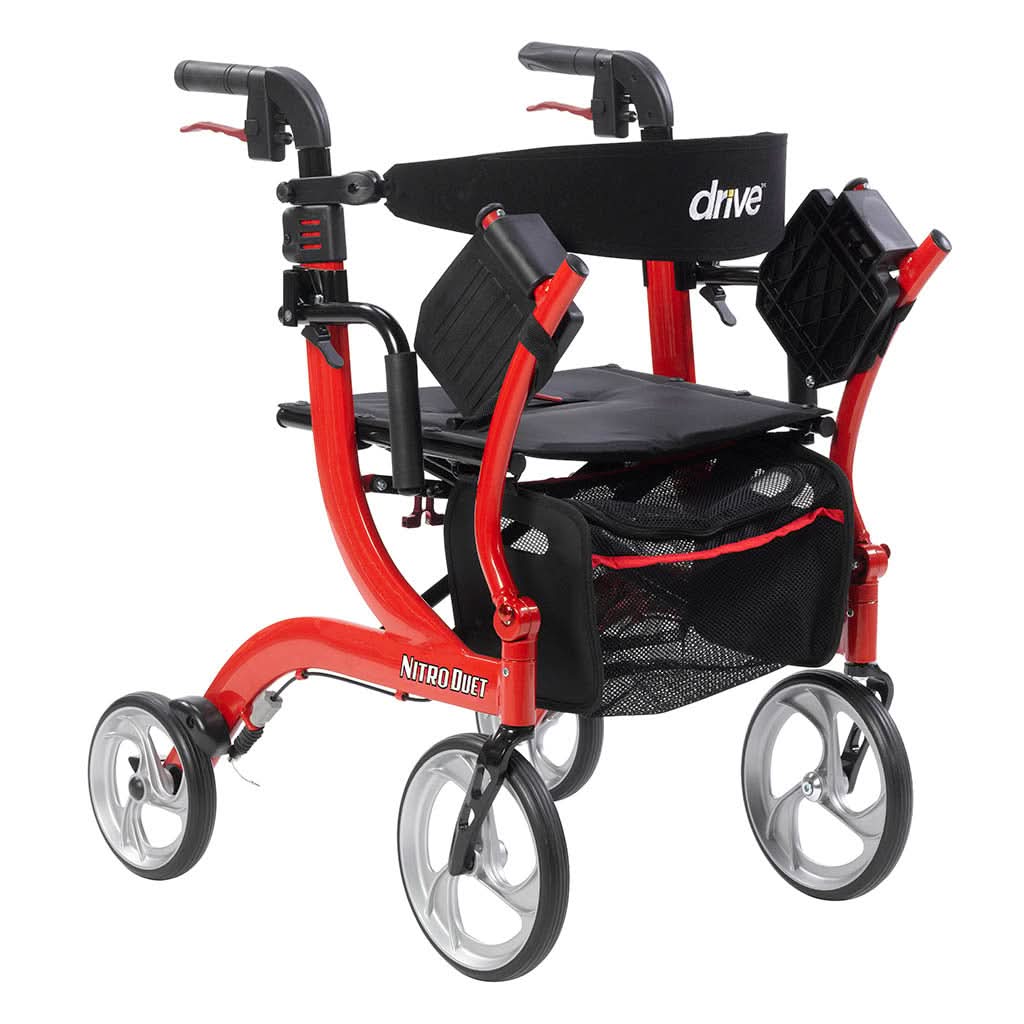 Nitro Duet Dual Function Transport Wheelchair and Rollator Rolling Walker, Red