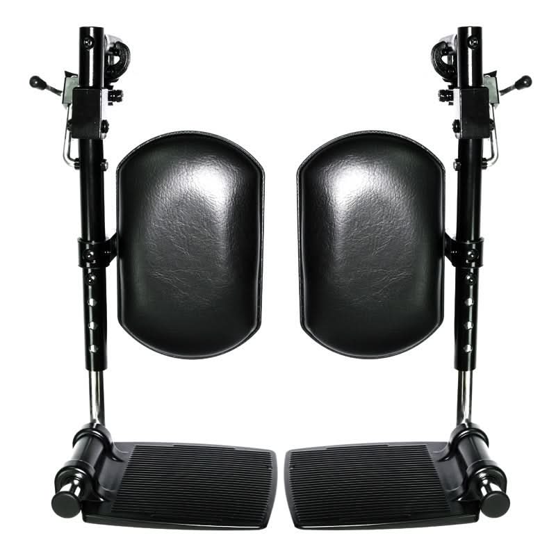 Elevating Leg Rests with Calf Pad for Jazzy and Jet Power Chairs (Set of 2) (Blemished) featuring a black chair with foot pedals and large black calf pads for comfort and support.