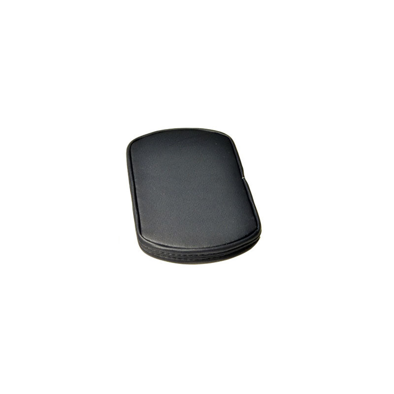 6-3/4 Pediatric Calf Pad for Jazzy, Jet, and Quantum Power Chairs, black vinyl pad shown without mounting hardware, measures 6-3/4 length, 4-3/8 width, and 1-5/16 thickness.