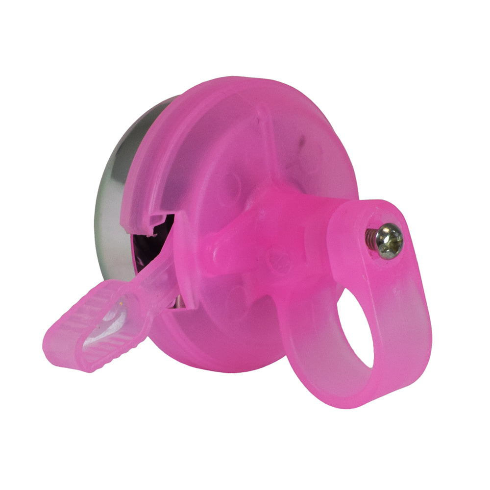 Pink Gel Bell for Bikes & Scooters: close-up of a translucent pink handlebar bell featuring a metallic ring-ring sound, compact design, and a visible screw for easy attachment.