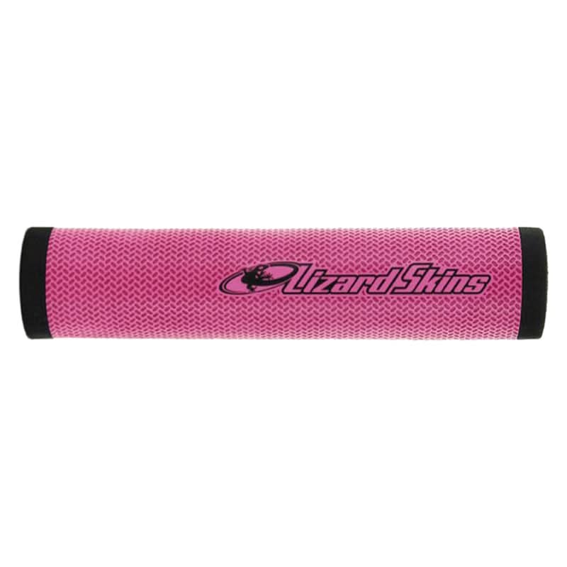 Pink DuraSoft Polymer Handlebar Grips for Bikes & Scooters featuring a close-up of a black logo and a black lizard design on a pink surface.