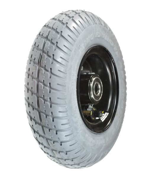 9x3 (2.80/2.50-4) Pneumatic Rear Caster Wheel Assembly for Jazzy and Quantum Power Chairs, featuring a black rim and detailed tread pattern, captured in a close-up view.