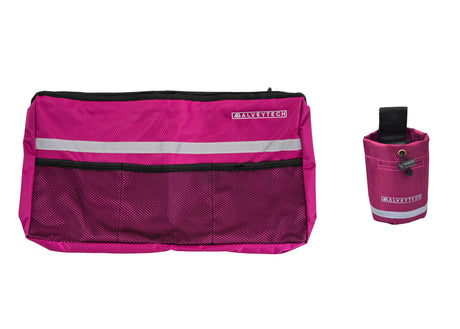 Deluxe Walker/Rollator Bag & Cup Holder Combination, featuring a pink bag with a white stripe, black strap, and mesh pockets for easy storage, designed for convenient attachment to mobility aids.