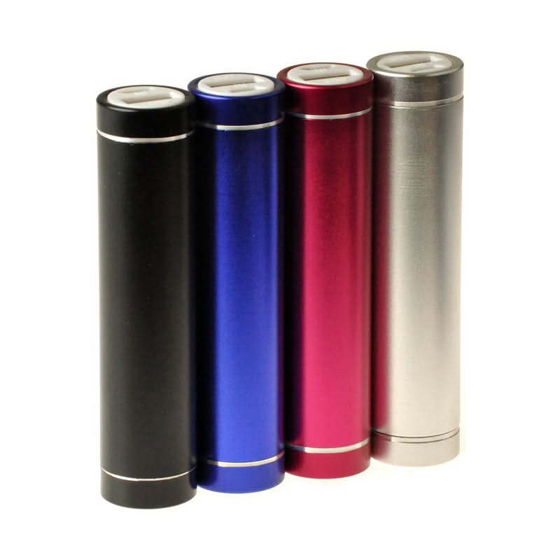 2600 mAh Portable USB External Power Bank Battery Charger with Round Metal Case, shown in a group of colorful cylindrical designs, highlighting the compact and portable nature of the chargers.