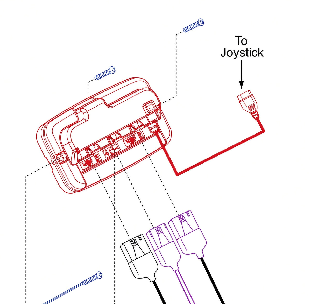 Pride parts diagram of the 40 amp GC3 controller (CTL2105336) for the Jazzy Select Elite, Elite ES and TSS 300, showing the mounting screws, joystick cable and harness connections