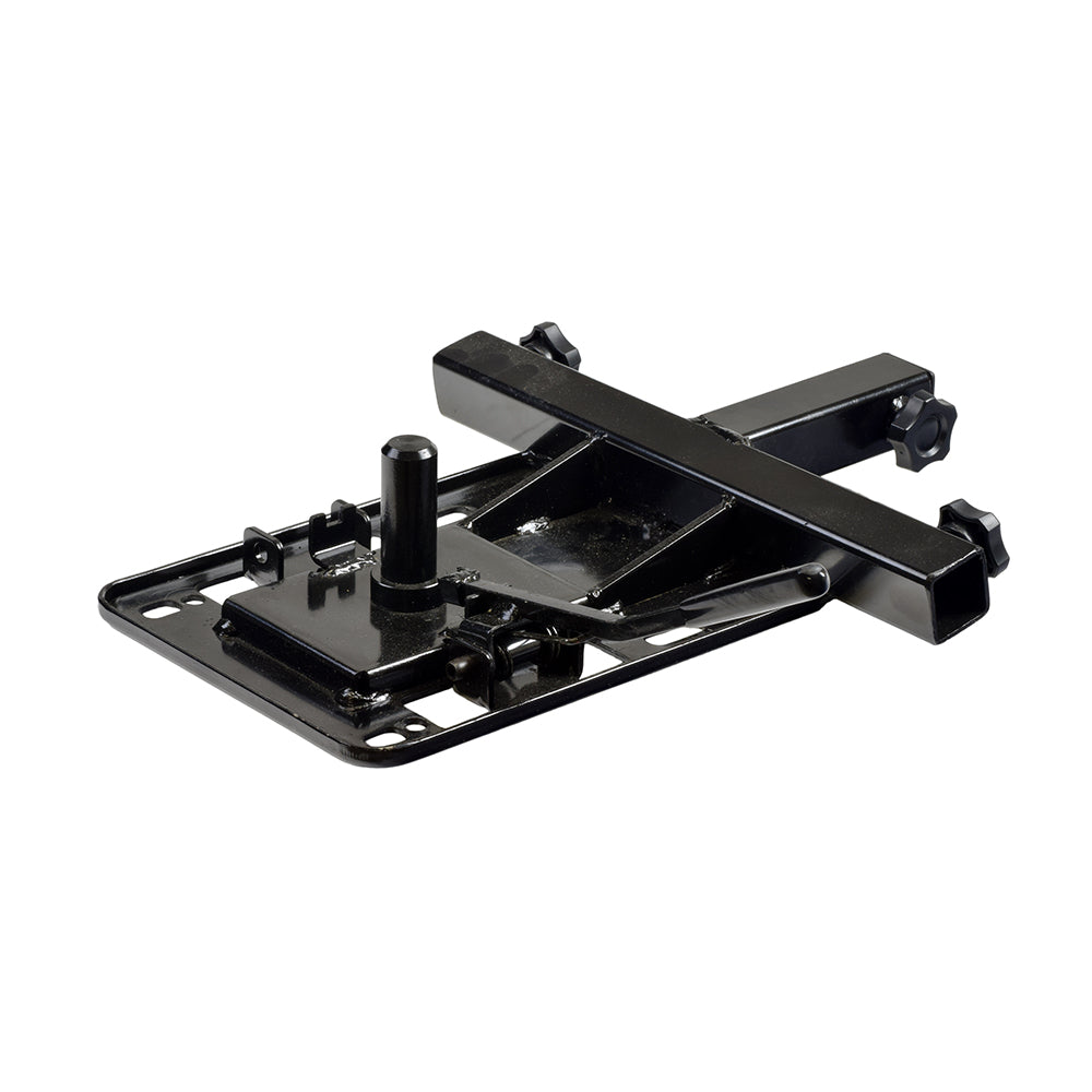 Seat Swivel Assembly with Pull-Up Handle for Golden Technologies Scooters, featuring a black metal structure with visible screws, two armrest bracket adjustment knobs, and one seat knob.