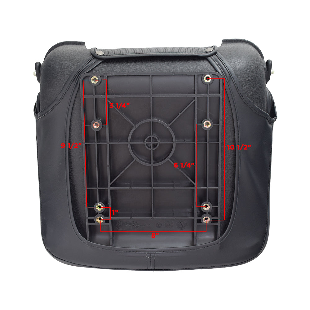 Seat Assembly for Invacare Leo Scooter, featuring a black vinyl seat base and back with red markings, designed for easy replacement without armrests or steel base plate.