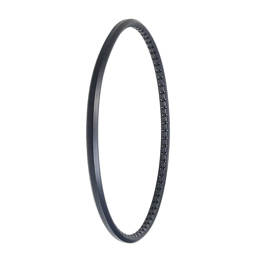 24x1 Solid Urethane Tire for the Invacare Patriot Wheelchair, featuring a smooth, treadless black design with holes for flat-free dependability, ideal for indoor use on solid surfaces or carpeting.