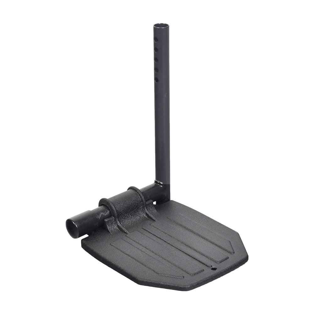 Black Pivot/Slide Tube Assembly with Aluminum Footplate for Invacare Nutron Series Power Chairs, featuring a long black pole, adjustable slide tube with five holes, and an 8x6 footplate.