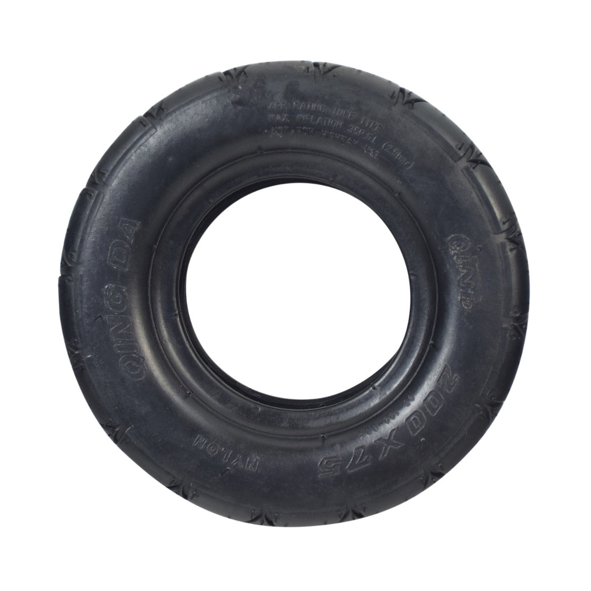 200x75 Scooter Tire with QD122 Tread, featuring a slick design and central hole, suitable for Bladez gas and electric scooters.