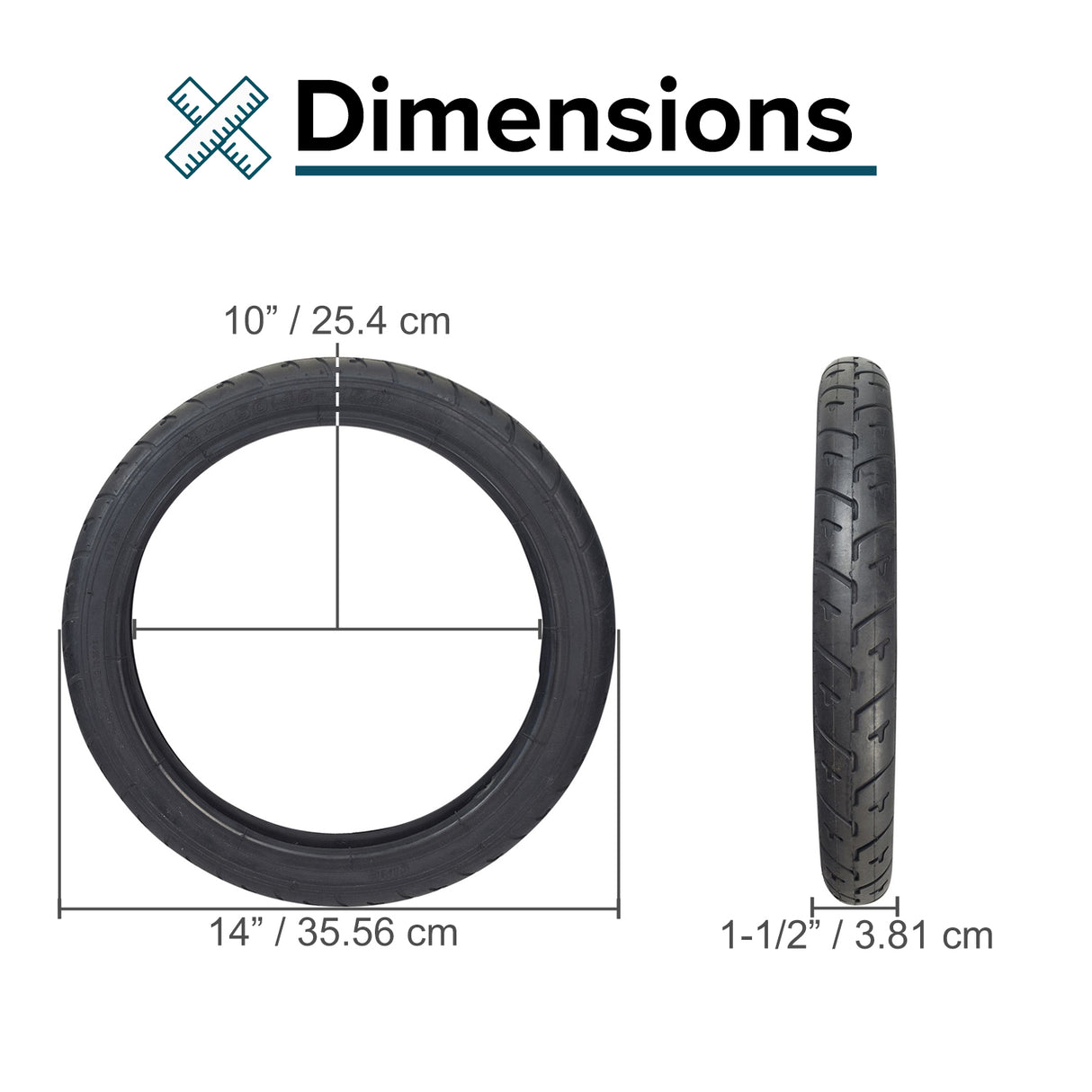 14x1.50 (40-254) Tire with Q209 Tread for the Razor Mini Chopper, showing a black tire with a cross-section and size comparison measurements.