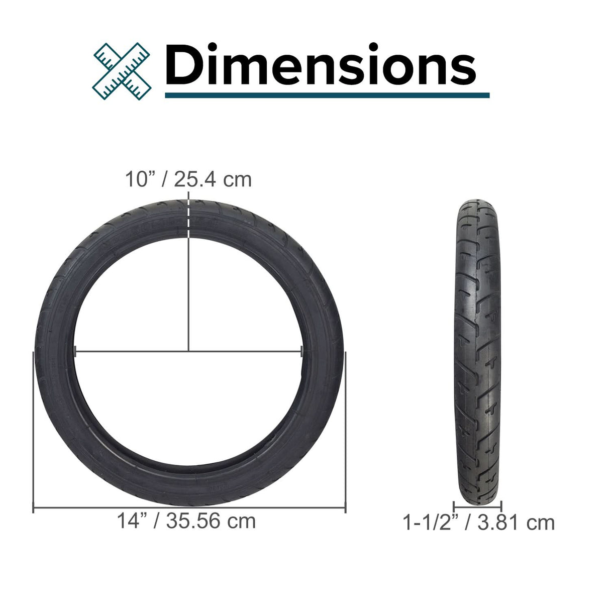 14x1.50 (40-254) Tire with Q209 Tread for the Razor Mini Chopper, showing a black tire with a cross-section and size comparison measurements.