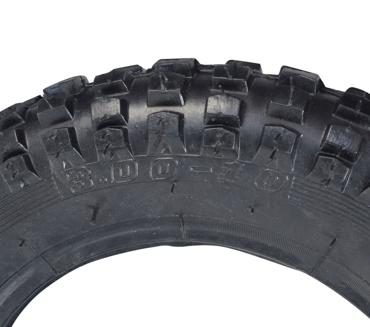 Close-up of a 3.00-10 knobby tread dirt bike tire, designed for 49cc, 50cc, and 70cc mini dirt bikes, showcasing detailed tread pattern and robust construction.