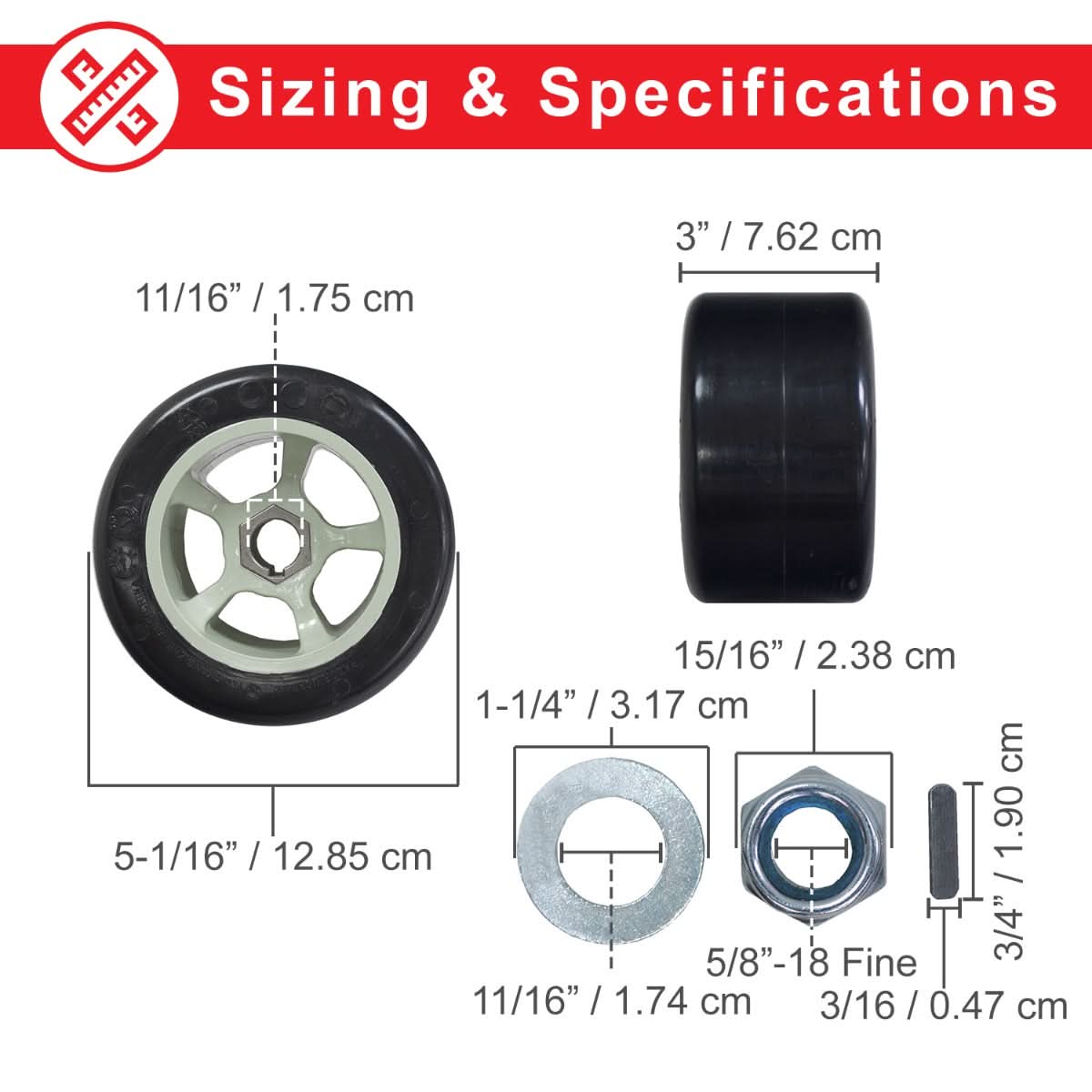 Super Slider POM Rear Wheels for the Razor Ground Force Drifter (Set of 2) shown with a central nut and detailed size chart for precise fitment on electric go-karts.