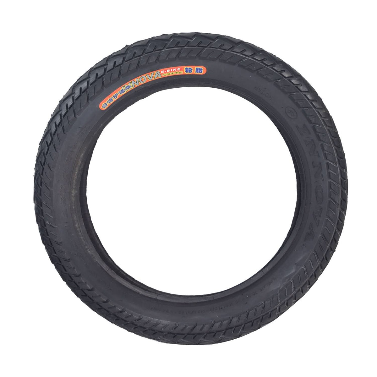 16x2.50 (64-305) Tire with HJ308 Tread for Scooters & Jogging Strollers, close-up of black tire with directional tread pattern and visible red and white label on the sidewall.
