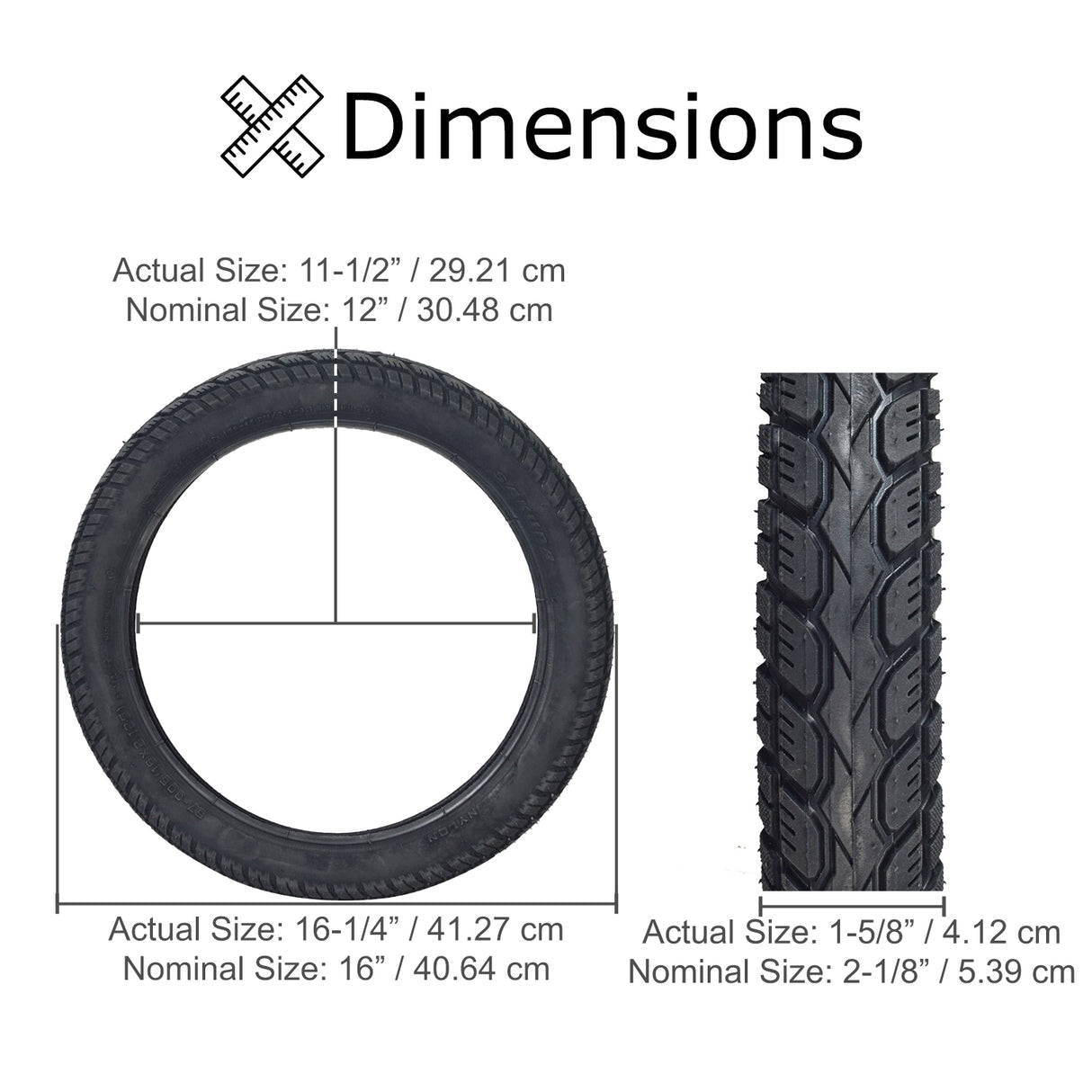 16x2.125 Pneumatic Tire for Electric Bicycles shown with a directional tread pattern and size chart, ideal for city streets. Close-up highlights tire's detailed measurements and symbols for precise fitting.