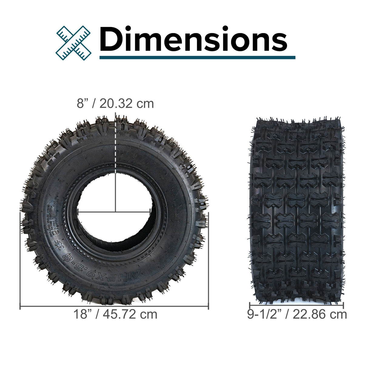 18x9.5-8 Rear Tire for Coleman AT125-EX & AT125-UT ATVs, featuring knobby tread for mud performance, shown in size comparison with measurements and close-up views.