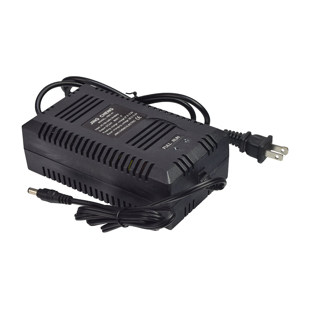 24 Volt 1.0 Amp 2.1 mm ID Coaxial Battery Charger (Blemished) with visible wires and a black label with white text, showing a cracked black plastic case.