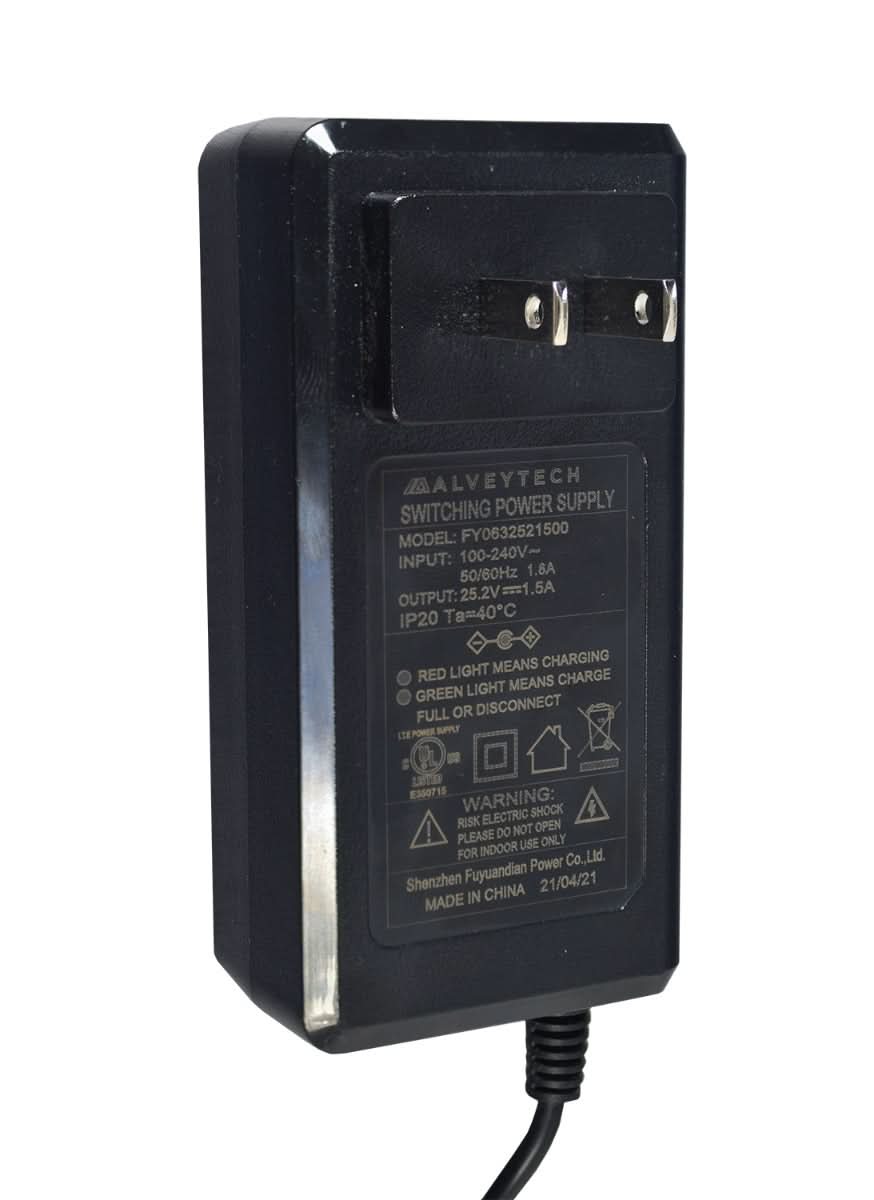 24 Volt 1.5 Amp 2.1 mm ID Coaxial Wall Charger, black with visible connectors, close-up of LED indicators, and label, designed for electric scooters.