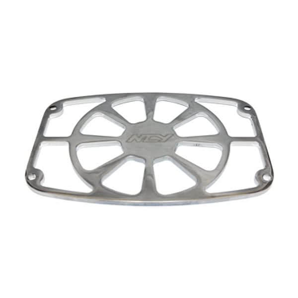Radiator Cover for the Honda Ruckus (NPS50) - a close-up view of a silver metal object with multiple holes, designed to enhance airflow and replace the stock plastic unit.