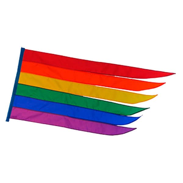 43 x 21 Rainbow Banner for Mobility Scooters & Power Chairs, featuring a vibrant, rainbow-striped flag, comes with a 72 pole and universal mounting bracket, enhancing visibility and style.