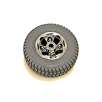 Close-up of the Pneumatic Front Wheel Assembly for Ranger XT-550 and Solo IV Series Mobility Scooters, showcasing the tire's tread and rubber texture.