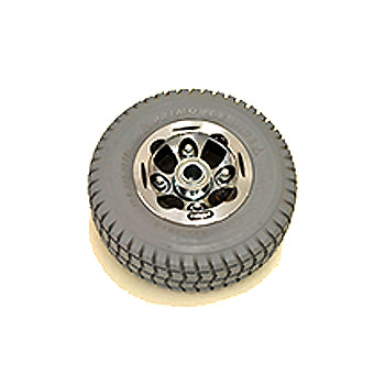 Pneumatic Front Wheel Assembly for Ranger Solo Series Mobility Scooters: close-up of the wheel showing detailed tread and tire structure, designed for 3-wheel models, ensuring a smooth ride.