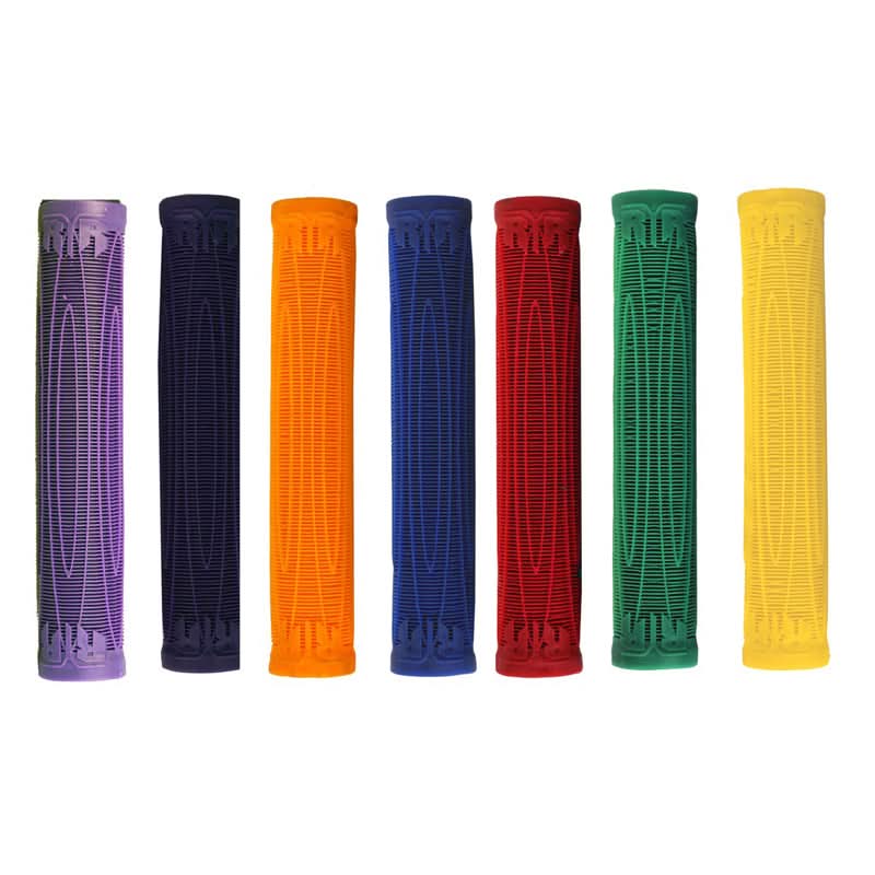 Raptor Cory Vanlew Grips for Bikes & Scooters displayed in a row, showcasing their distinct raised horizontal lines and elongated design for enhanced grip.