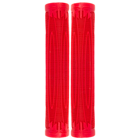 Raptor Cory Vanlew Grips for Bikes & Scooters, showcasing a pair of textured red handlebars with raised horizontal lines for enhanced grip and extended length, ideal for both scooters and BMX bikes.