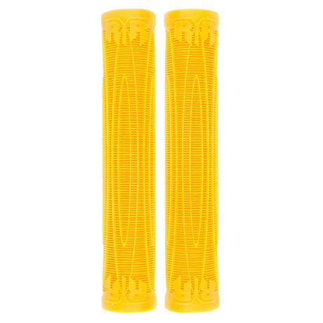 Raptor Cory Vanlew Grips for Bikes & Scooters, featuring a pair of yellow handlebars with raised horizontal lines for enhanced grip and extra length for better control.