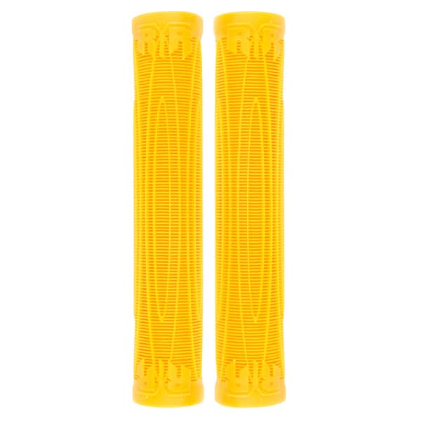 Raptor Cory Vanlew Grips for Bikes & Scooters, featuring a pair of yellow handlebars with raised horizontal lines for enhanced grip and extra length for better control.