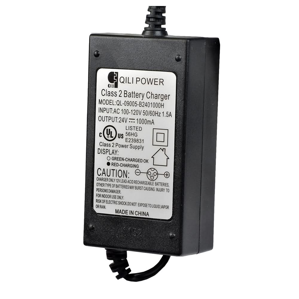 24 Volt 1.0 Amp 3-Prong Battery Charger for the Razor E150, featuring a black casing with white text and a close-up view of its connecting cable.