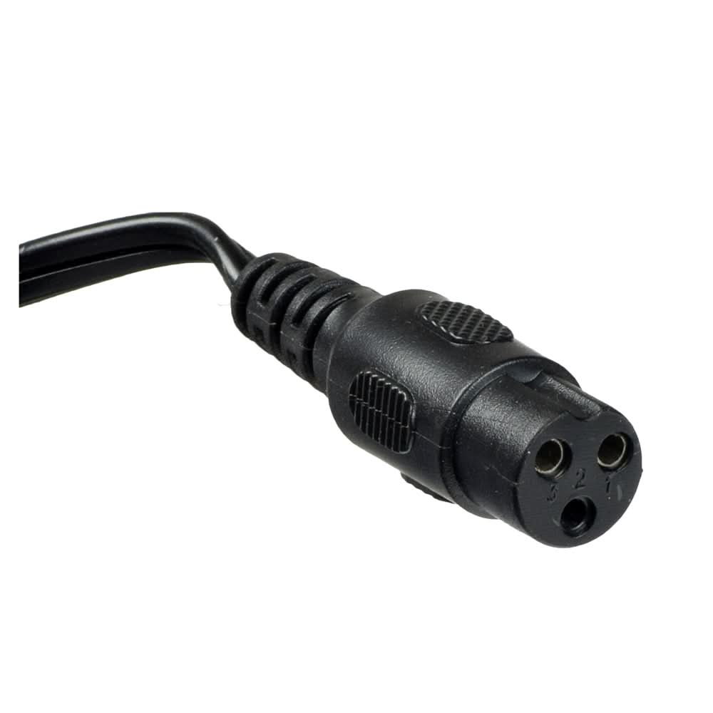 24 Volt 1.0 Amp 3-Prong Battery Charger for the Razor E150, featuring a close-up of the black cable and plug.