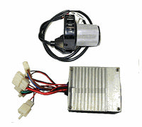 Close-up of 5-Wire Throttle and Control Module Kit for Razor MX500 & MX650, showing black and silver device, motor, and several wires essential for the upgrade.